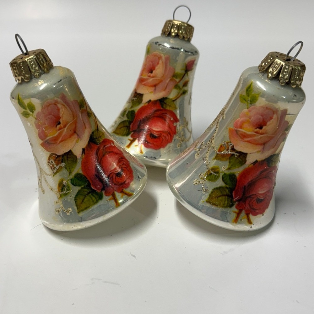 Vintage Mercury Glass Bell Christmas Ornaments Floral Rose Gold Glitter Set of 3